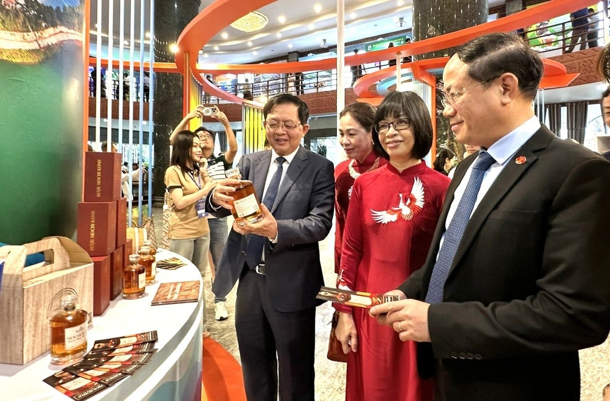 Lãnh đạo tỉnh Gia Lai và quan khách tham quan các gian hàng trưng bày sản phẩm bên lề hội nghị. Ảnh: Đăng Lâm. 