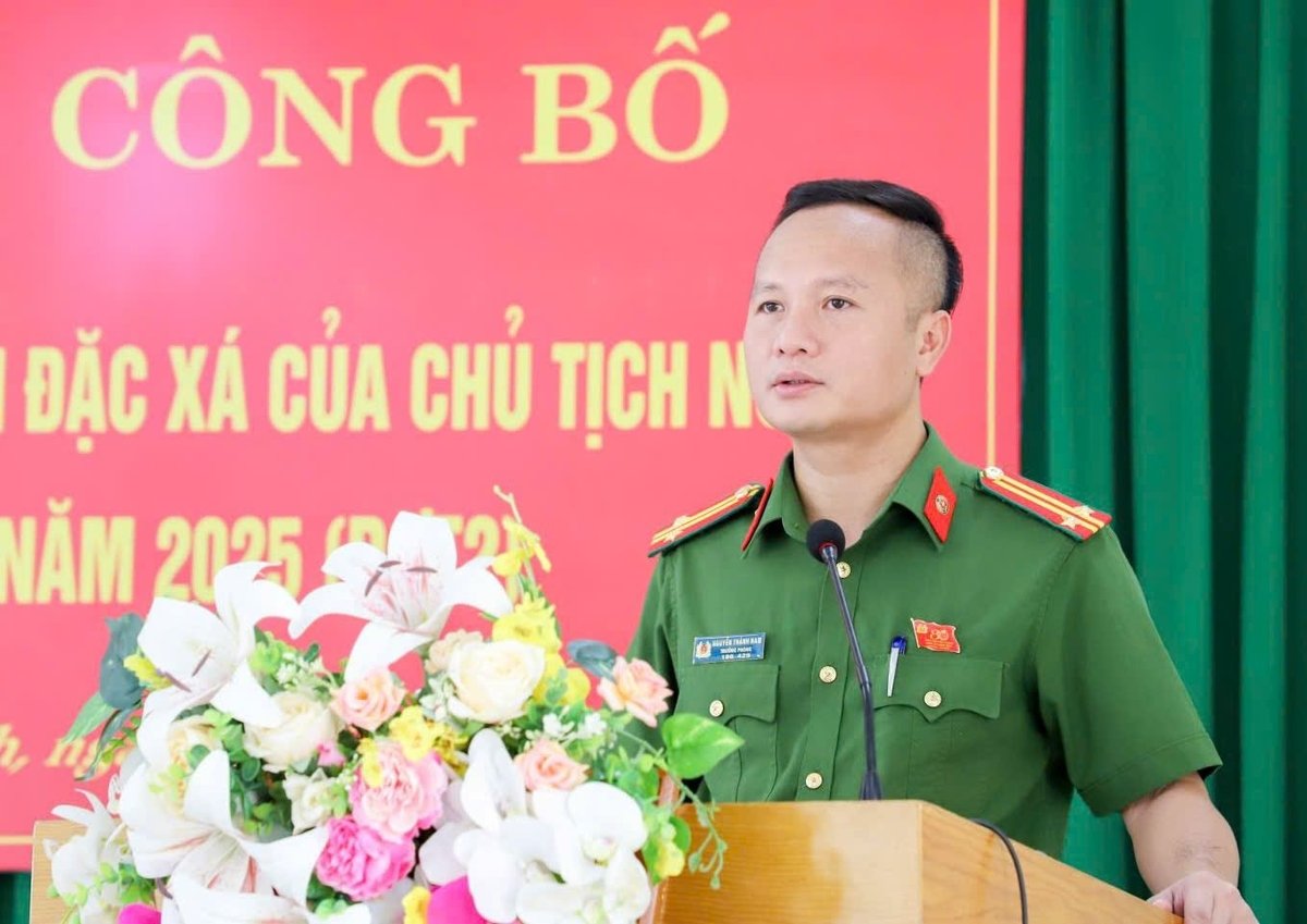 Trung tá Nguyễn Thành Nam phát biểu tại buổi lễ. Ảnh: CAT. Trung tá Nguyễn Thành Nam phát biểu tại buổi lễ. Ảnh: CAT.
