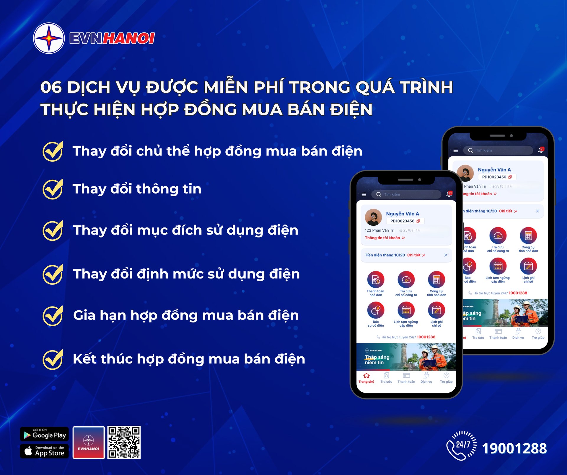 06 dịch vụ được miễn phí trong quá trình thực hiện hợp đồng mua bán điện. Ảnh: EVNHANOI. 06 dịch vụ được miễn phí trong quá trình thực hiện hợp đồng mua bán điện. Ảnh: EVNHANOI.