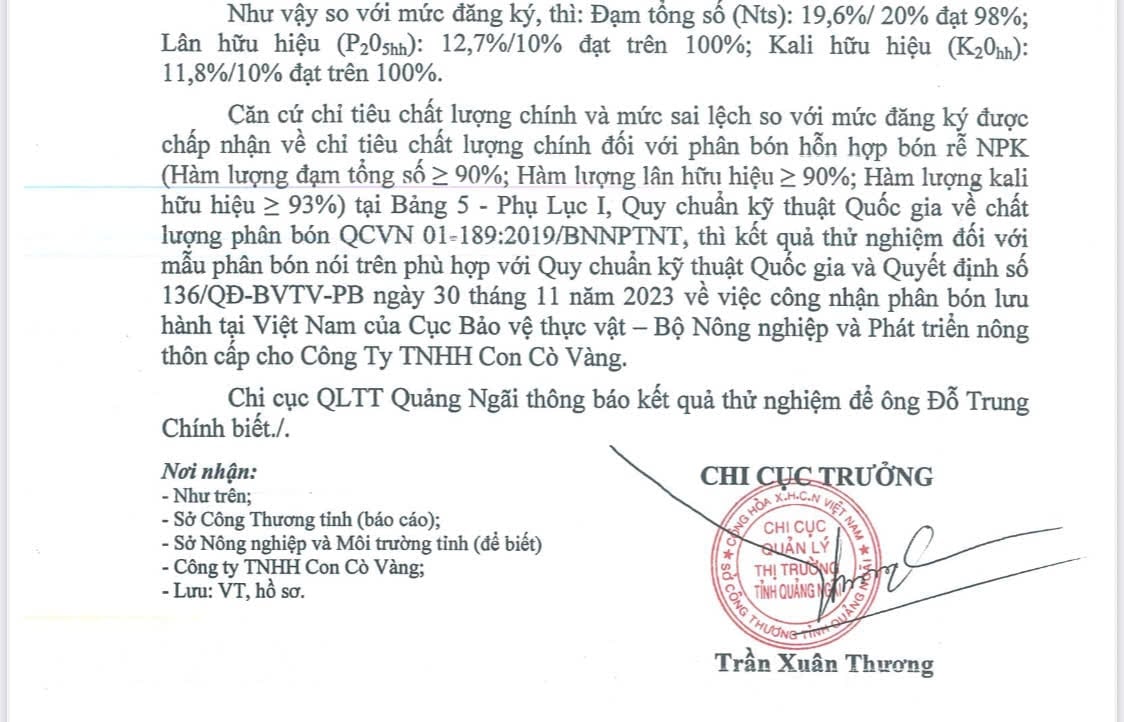 Qua kết quả phân tích, Chi cục QLTT tỉnh Quảng Ngãi khẳng định phân bón NPK hỗn hợp Con Cò Vàng NPK 20-10-10 hoàn toàn đạt chất lượng. Ảnh: Đức Trung. Qua kết quả phân tích, Chi cục QLTT tỉnh Quảng Ngãi khẳng định phân bón NPK hỗn hợp Con Cò Vàng NPK 20-10-10 hoàn toàn đạt chất lượng. Ảnh: Đức Trung.