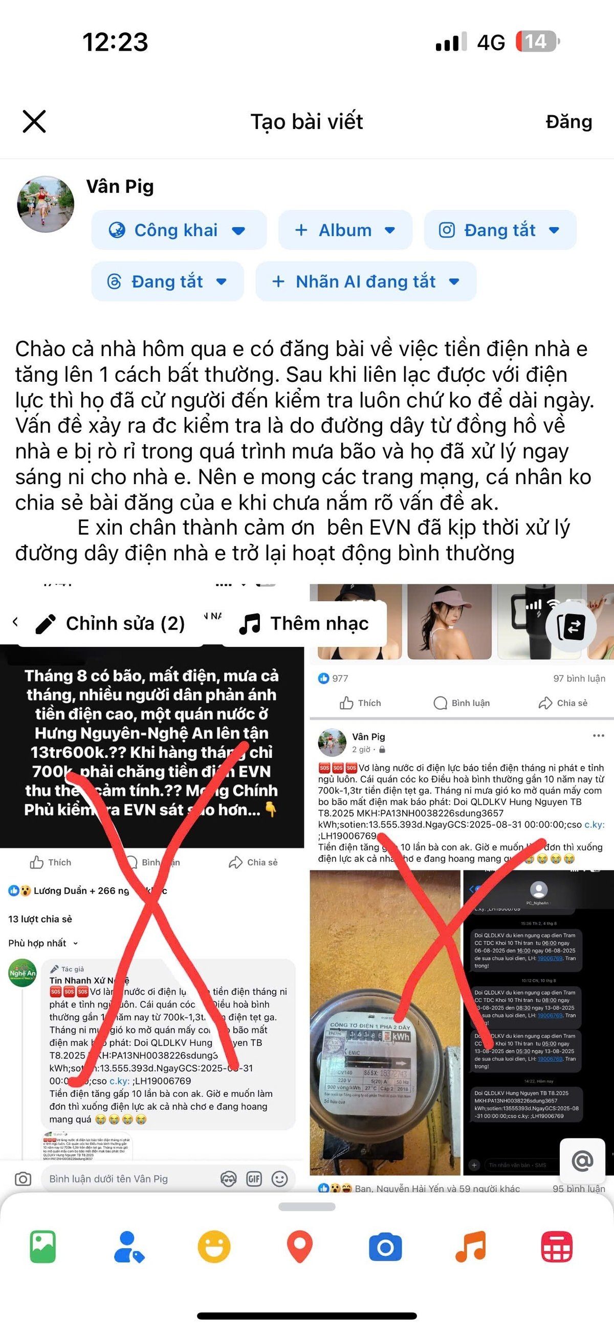Khách hàng 'Vân Pig' đã đăng tin đính chính trên facebook cá nhân. Ảnh: EVNNPC. Khách hàng 'Vân Pig' đã đăng tin đính chính trên facebook cá nhân. Ảnh: EVNNPC.
