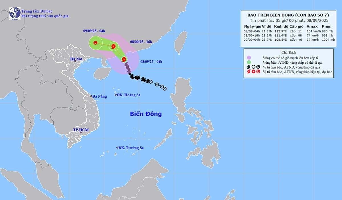 Dự báo hướng di chuyển của cơn bão số 7 mới nhất ngày 8/9/2025. Ảnh: TT Dự báo KTTV Quốc gia Dự báo hướng di chuyển của cơn bão số 7 mới nhất ngày 8/9/2025. Ảnh: TT Dự báo KTTV Quốc gia