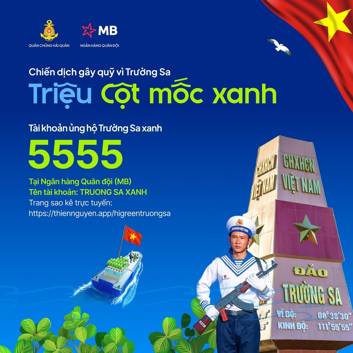 Dù hiếm khi có cơ hội được đặt chân tới Trường Sa nhưng mỗi người Việt Nam đều có thể 'hóa thân' thành chiến sĩ Hải quân góp cây vượt sóng ra đảo xa. Ảnh: MB. Dù hiếm khi có cơ hội được đặt chân tới Trường Sa nhưng mỗi người Việt Nam đều có thể 'hóa thân' thành chiến sĩ Hải quân góp cây vượt sóng ra đảo xa. Ảnh: MB.