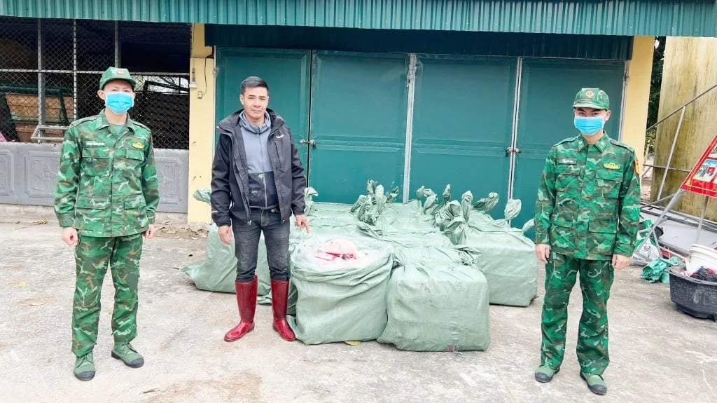 Lực lượng biên phòng bắt giữ 1,2 tấn thịt vịt đông lạnh không rõ nguồn gốc. Ảnh: Biên phòng Trà Cổ.