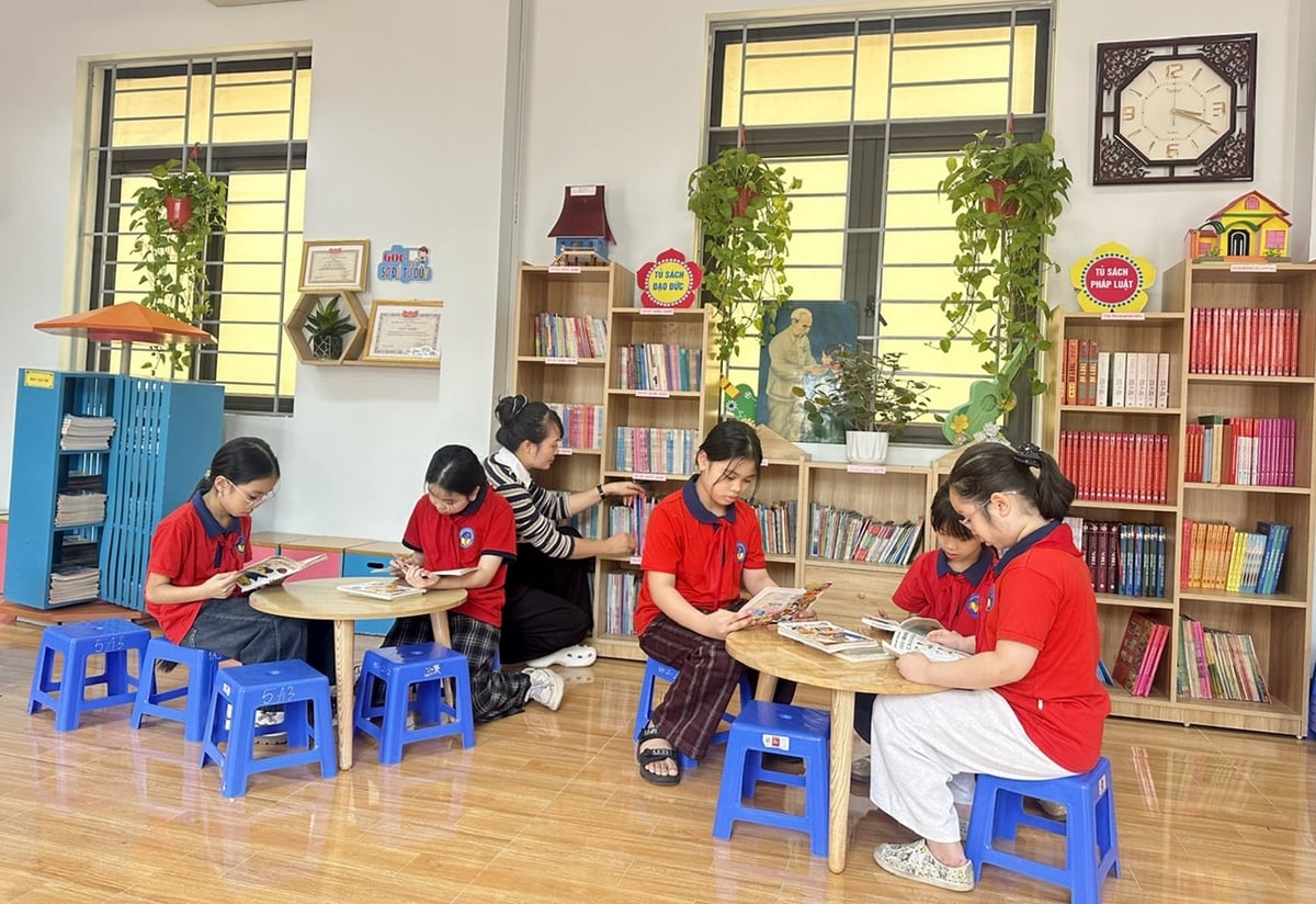 Không gian xanh nhiều cây tại thư viện của Trường Tiểu học Lê Ngọc Hân. Ảnh: Bích Hợp.