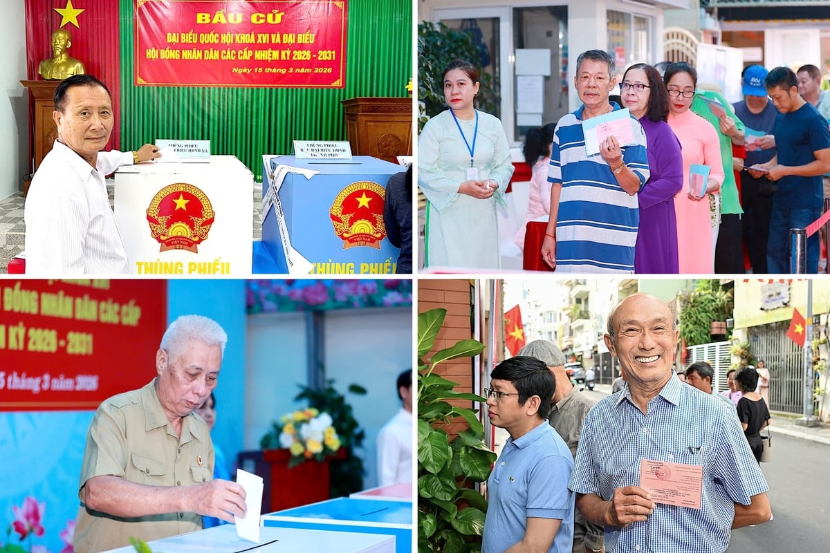 Tại đơn vị bầu cử số 7, nhiều cử tri hân hoan đến từ rất sớm, dự lễ khai mạc, cũng là những người đầu tiên bỏ phiếu bầu vào thùng phiếu. Ảnh: Hồng Thủy.