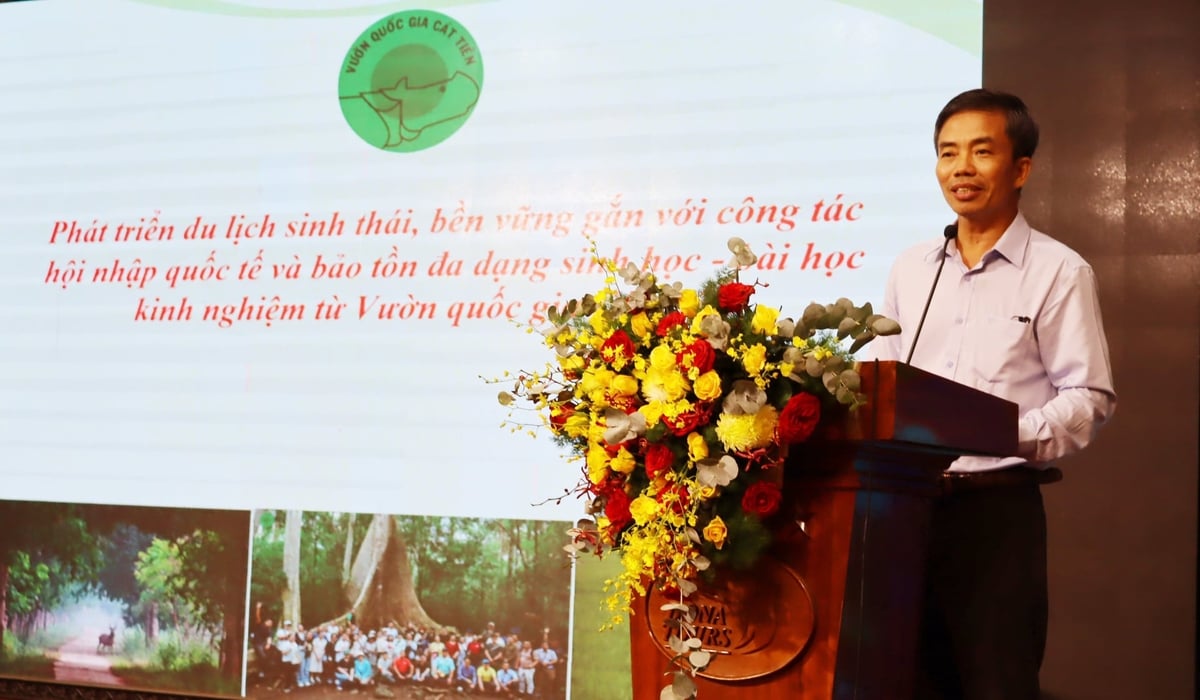Đại diện Vườn Quốc gia Cát Tiên trình bày tham luận tại Hội thảo. Ảnh: Tường Tú.