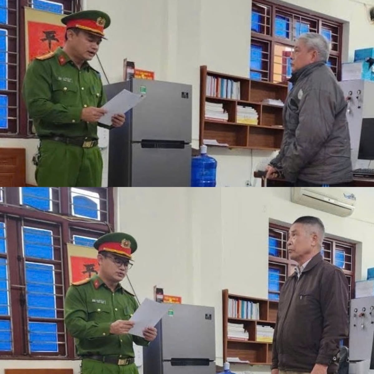 Công an tỉnh Bắc Ninh đọc lệnh khởi tố đối với 2 bị can Phiên và Phúc. Ảnh: Công an tỉnh Bắc Ninh.