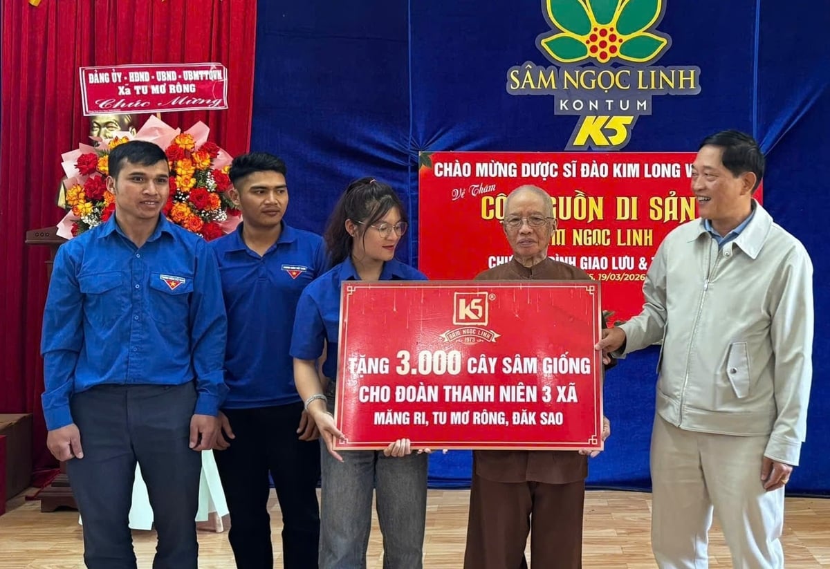 Đoàn viên thanh niên 3 xã Tu Mơ Rông, Măng Ri và Đăk Sao (tỉnh Quảng Ngãi) được trao tặng 3.000 cây sâm Ngọc Linh giống để khởi nghiệp. Ảnh: B.T.