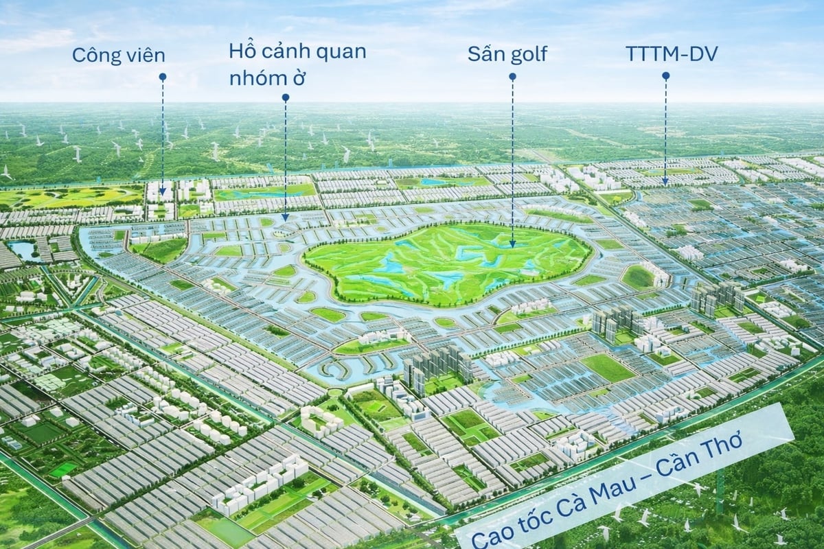 Phối cảnh tổng thể Khu đô thị du lịch nghỉ dưỡng Mekong gần 3.000ha tại Cần Thơ, với điểm nhấn sân golf, hồ cảnh quan và hệ sinh thái đô thị sinh thái thông minh. Ảnh: Lê Hoàng Vũ.