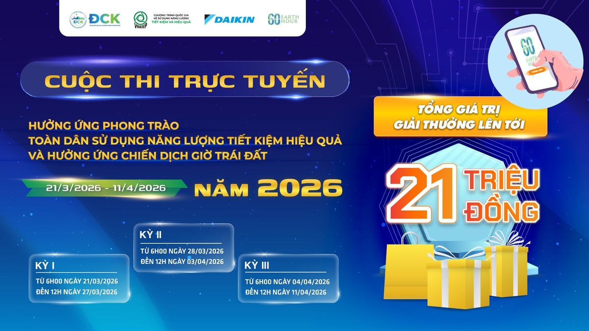 Cuộc thi trực tuyến hưởng ứng phong trào 'Toàn dân sử dụng năng lượng tiết kiệm hiệu quả và hưởng ứng Chiến dịch Giờ Trái đất năm 2026' diễn ra từ 6h ngày 21/3/2026 đến 12h ngày 11/4/2026. Ảnh: VNEEP.