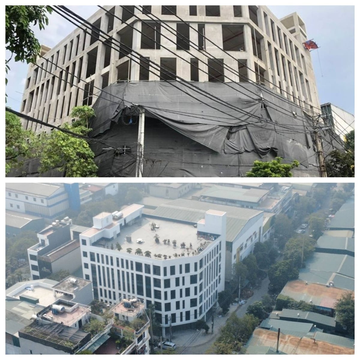 Một công trình văn phòng được phóng viên ghi nhận vào tháng 7/2025 đang xây thô (ảnh trên) và đến tháng 2/2026 đã hoàn thiện. Ảnh: Phạm Thiệu.