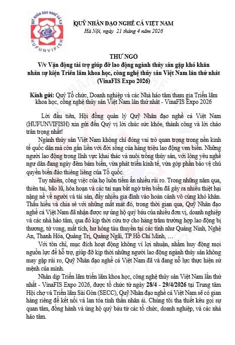 Thư ngỏ vận động kêu gọi của Quỹ nhân đạo Nghề cá Việt Nam.