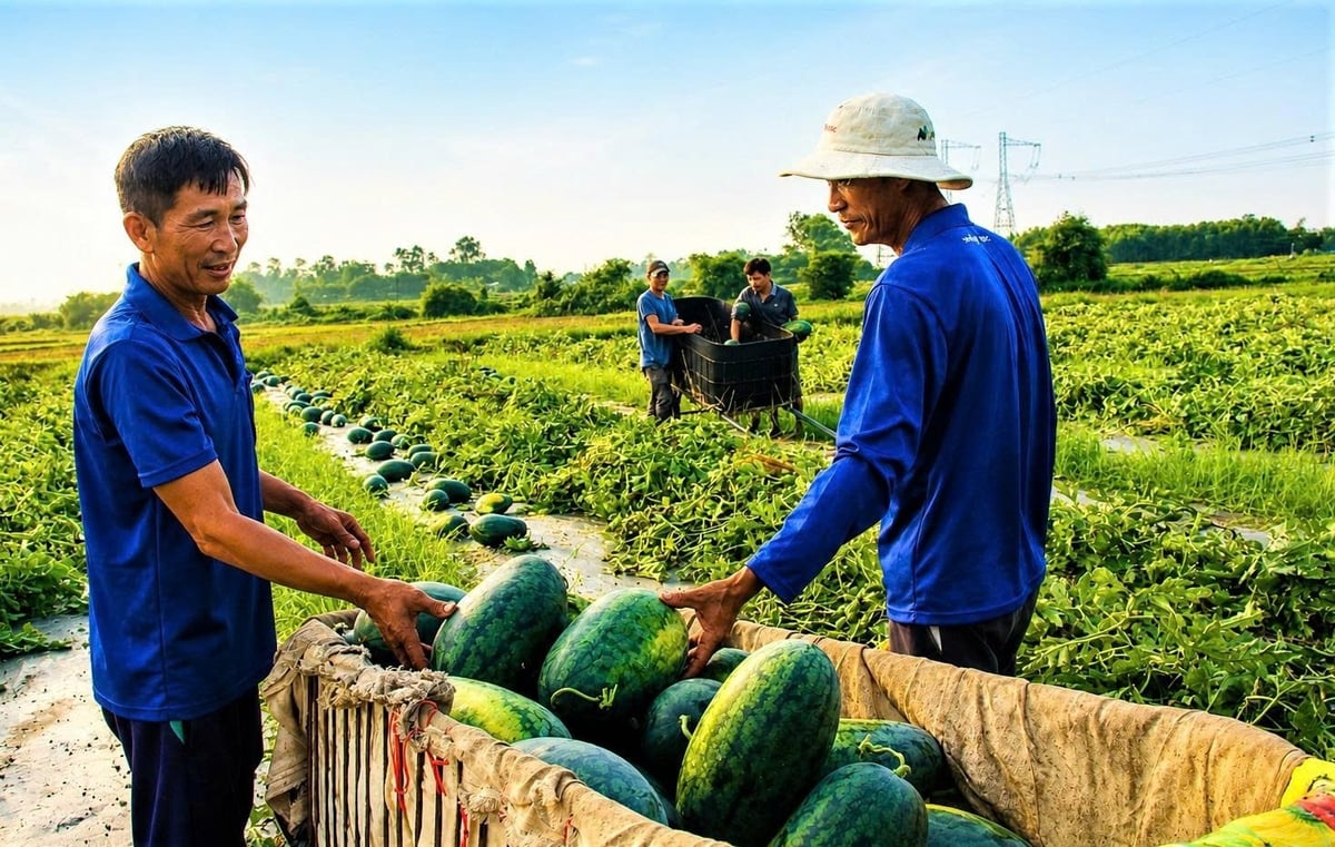 Dưa hấu được thu hoạch đồng loạt trên các cánh đồng ở xã Tây Hồ, TP Đà Nẵng. Ảnh: Lan Anh.
