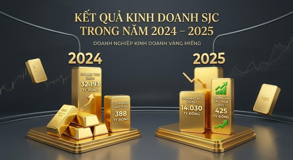 Doanh thu của SJC năm 2025 giảm nhưng lợi nhuận lại tăng so với năm 2024. Đồ họa: Bạch Huệ.