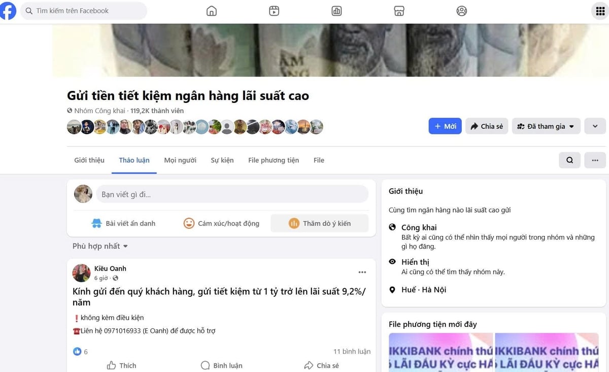 Một nhóm kín trên nền tảng mạng xã hội Facebook có nhiều đối tượng quảng cáo huy động tiền gửi tiết kiệm lãi suất cao. Ảnh: B.H.