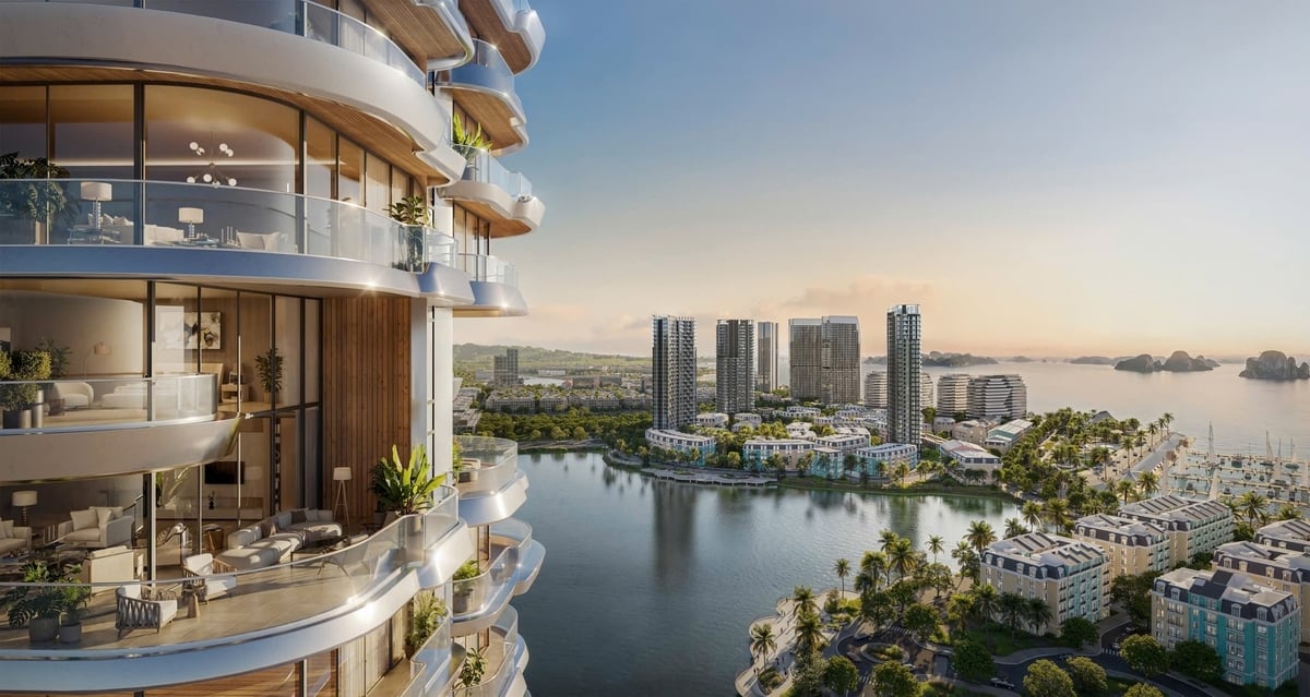 Prima Bay sở hữu hệ tầm nhìn đa lớp: hướng vịnh Hạ Long, hồ nhạc nước Halo Bay Show, bến du thuyền thời thượng, trục phố Hoàng Quốc Việt và cảnh quan nội khu. Ảnh: Thu Thủy. 