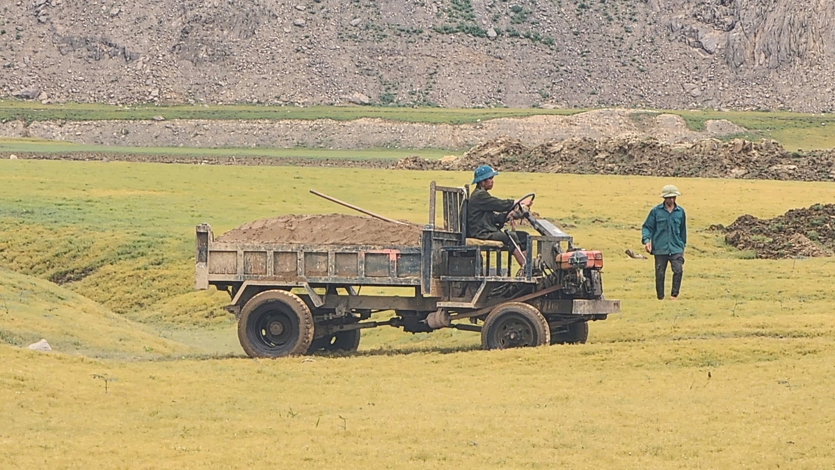 Phương tiện vận chuyển cát được ghi nhận tại khu vực mỏ cát lòng hồ Thủy điện Bản Chát chưa được cấp phép khai thác. Ảnh: Đà Giang. 