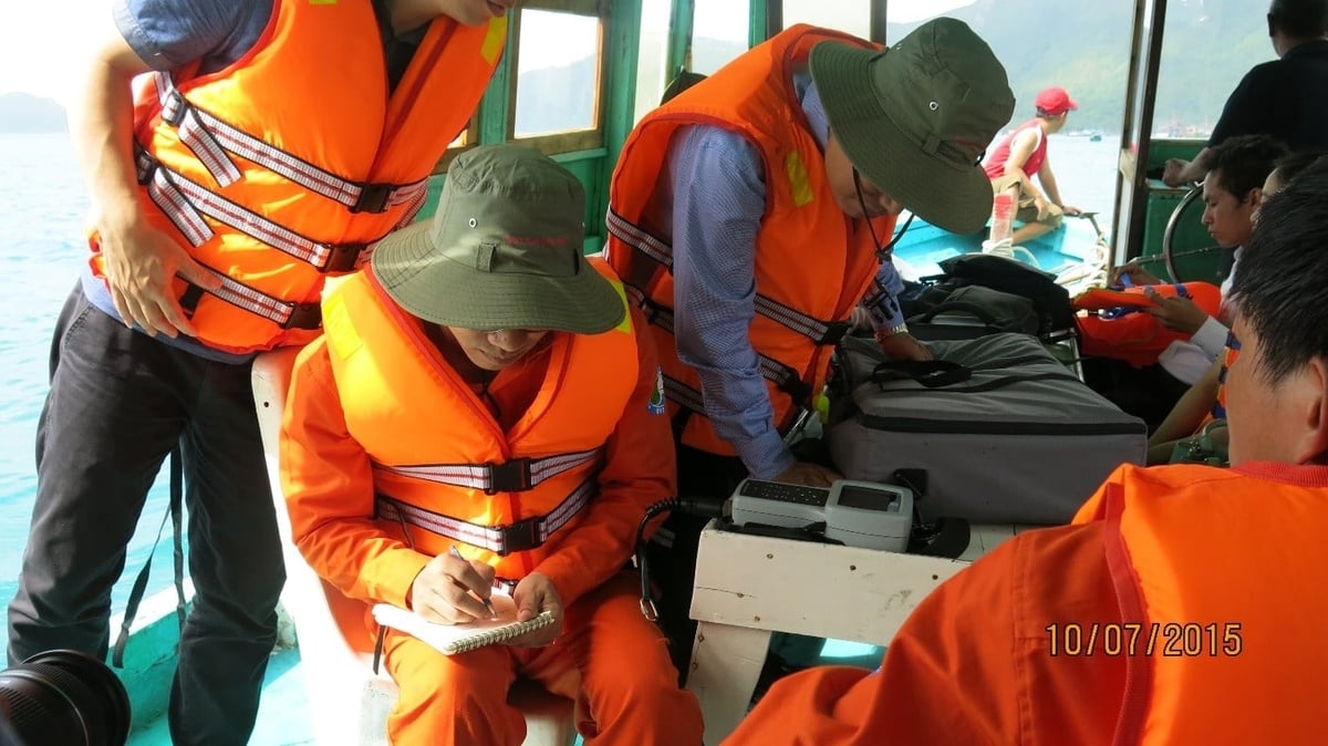 Các cán bộ Viện Khoa học môi trường, biển và hải đảo (trước đây) thực hiện đo đạc, khảo sát môi trường biển tại Côn Đảo. Ảnh: IMHENS.