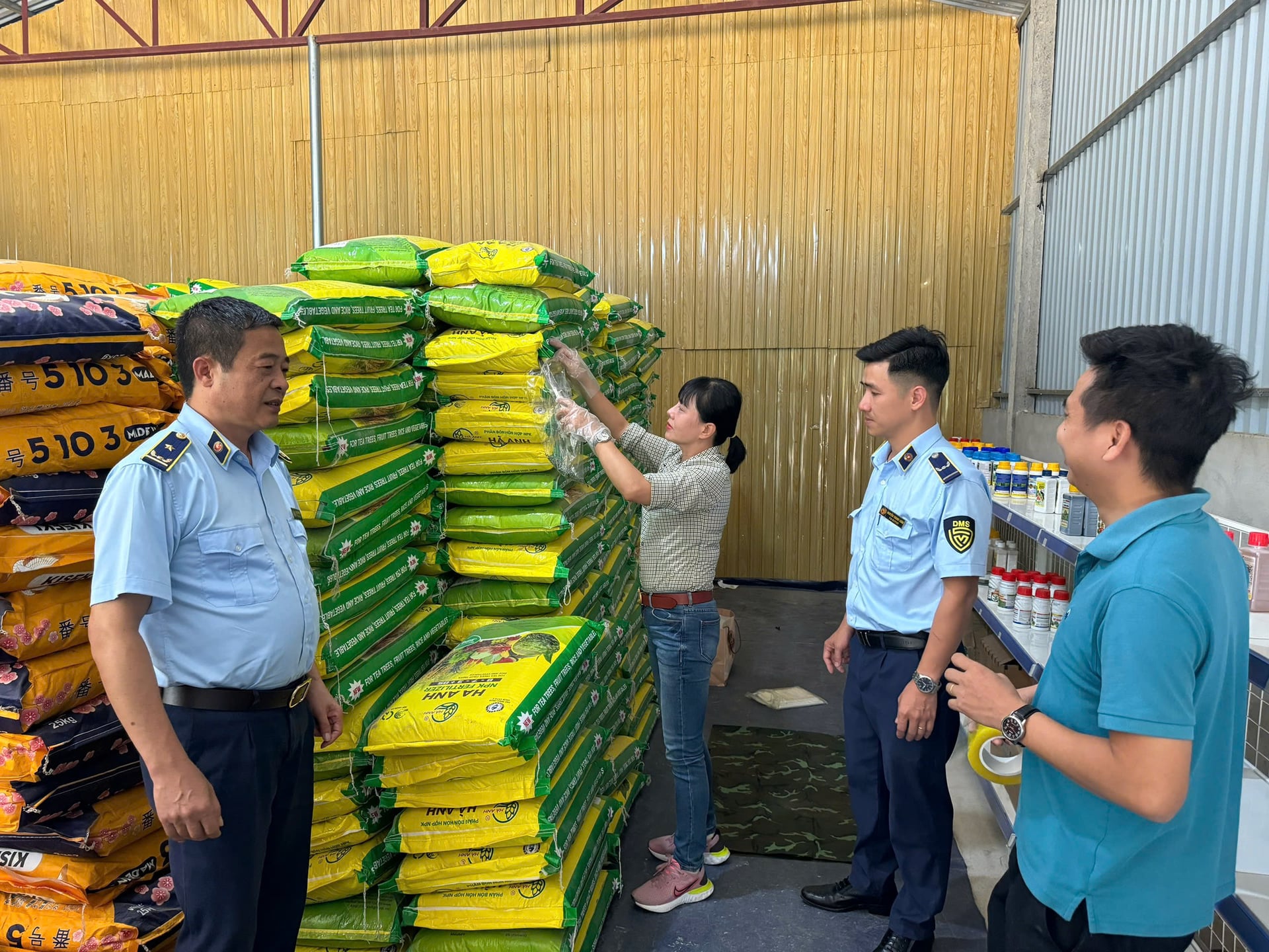 Cán bộ Chi cục Trồng trọt và Bảo vệ thực vật Thái Nguyên phối hợp lực lượng Quản lý thị trường lấy mẫu phân bón tại cơ sở kinh doanh trên địa bàn huyện Đại Từ cũ tháng 11/2024. Ảnh: Ngọc Mai.