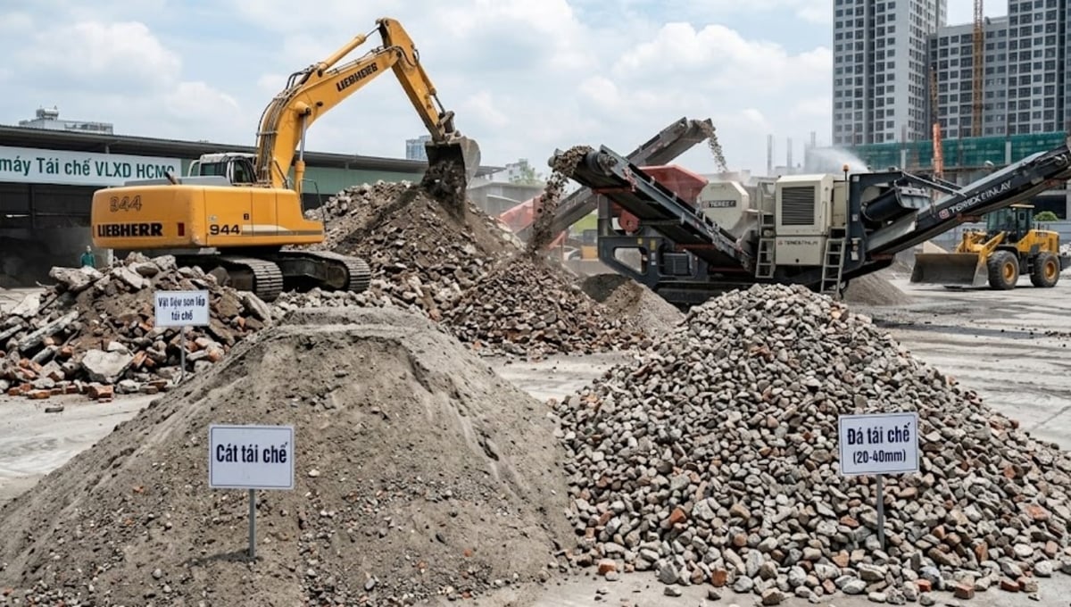 Chất thải xây dựng sau phân loại, nghiền và sàng có thể tạo ra cát, đá tái chế cùng nhiều loại vật liệu phục vụ xây dựng. Ảnh: Vinamac.