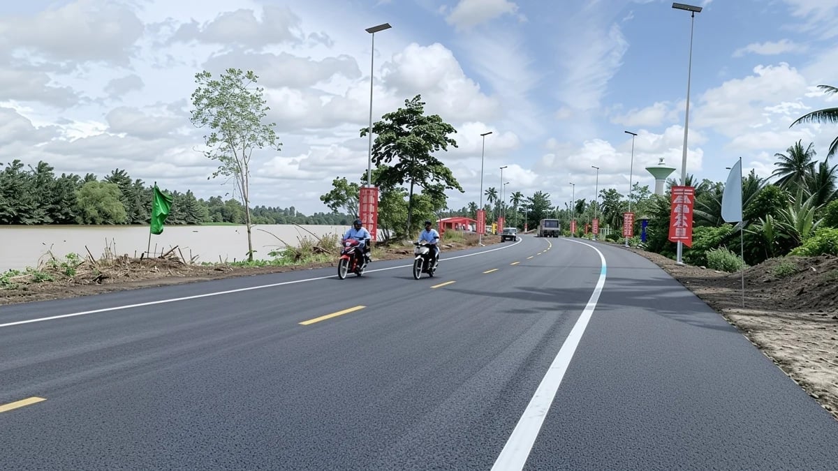 Tuyến đường dọc hồ chứa nước ngọt sông Láng Thé đang được thi công hoàn thiện kè và vỉa hè. Ảnh: Hồ Thảo.