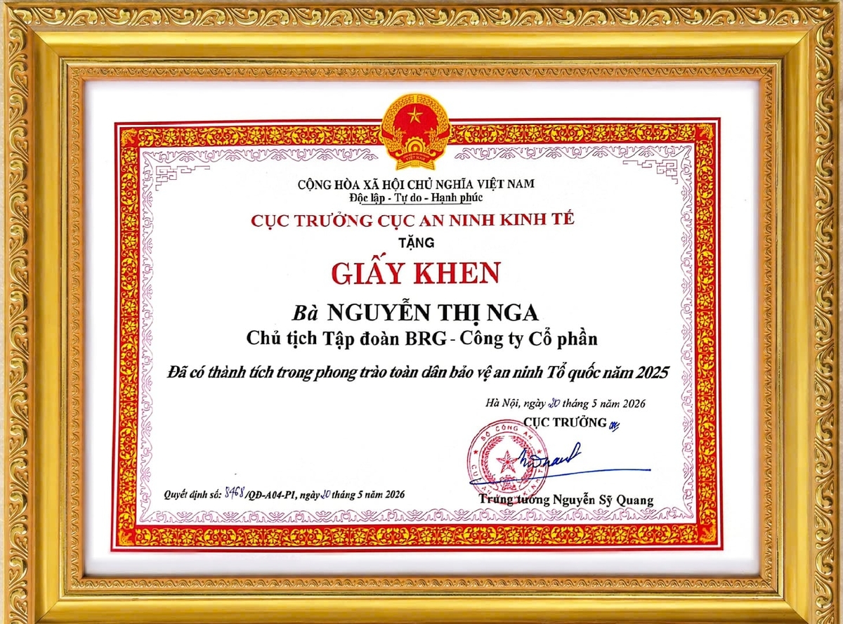 Giấy khen Madame Nguyễn Thị Nga - Chủ tịch Tập đoàn BRG, từ Cục An ninh Kinh tế - Bộ Công an. Ảnh: BRG.