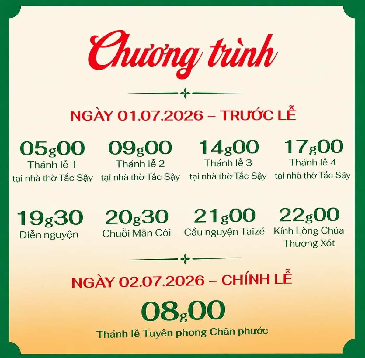 Chương trình Đại lễ Tuyên phong Chân phước Cha Phanxicô Xaviê Trương Bửu Diệp với chính lễ diễn ra lúc 8 giờ ngày 2/7/2026. Ảnh: BTC.