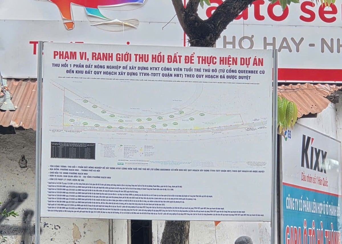Phường Bạch Mai đã cắm biển công khai thông tin phạm vi, ranh giới, thu hồi đất để thực hiện dự án. Ảnh: Xuân Vũ.
