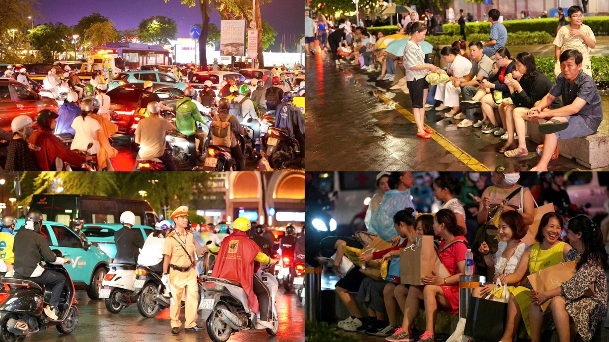 Khoảng 18h, người dân bắt đầu đến sớm tại khu vực trung tâm TP.HCM để chờ xem pháo hoa. Lực lượng chức năng được bố trí tại các tuyến đường đông phương tiện nhằm phân luồng giao thông, giữ trật tự và hướng dẫn người dân di chuyển.