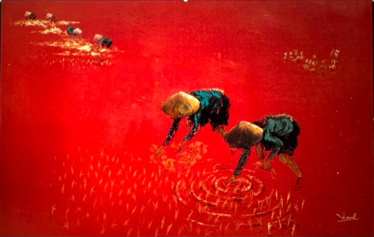 Sơn mài 'Cấy lúa' của Trương Văn Thanh.