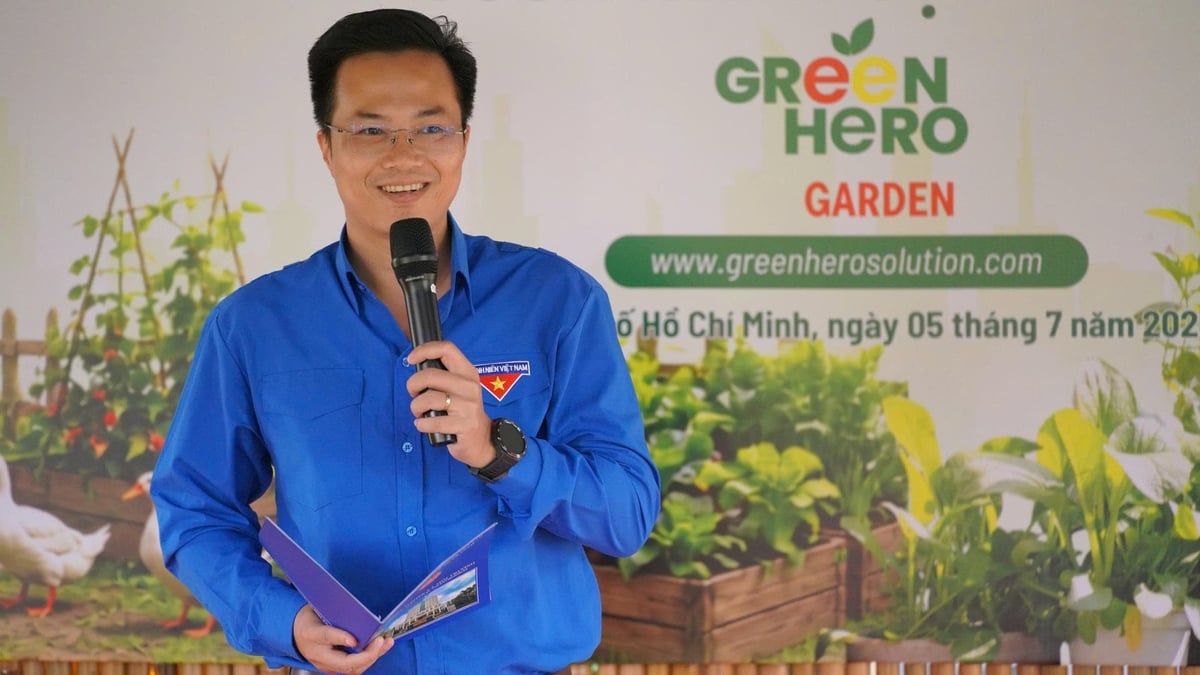 Ông Tạ Hồng Sơn, Bí thư Ban Chấp hành Đoàn Thanh niên Bộ Nông nghiệp và Môi trường, phát biểu tại chương trình ra mắt Green Hero Garden - Vườn xanh cộng đồng ngày 5/7. Ảnh: Trần Phi.