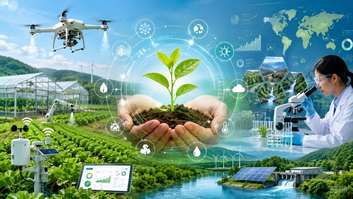 Khoa học c&ocirc;ng nghệ th&uacute;c đẩy chuyển đổi m&ocirc; h&igrave;nh tăng trưởng của ng&agrave;nh n&ocirc;ng nghiệp v&agrave; m&ocirc;i trường theo hướng xanh, sinh th&aacute;i, ph&aacute;t thải thấp, kinh tế tuần ho&agrave;n v&agrave; chuyển đổi số. Ảnh: AI.