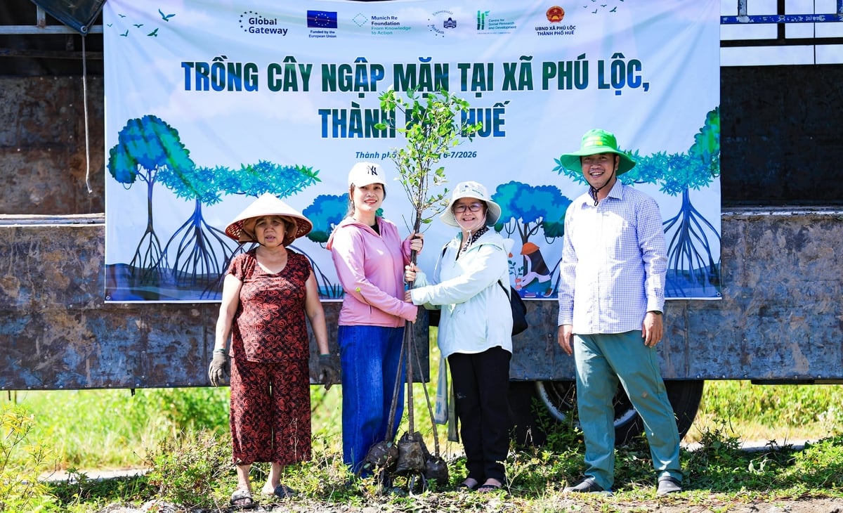 Trung tâm Nghiên cứu Phát triển Xã hội (CSRD) bàn giao cây bần chua cho bà con đầm phá Cầu Hai. Ảnh: V.D.