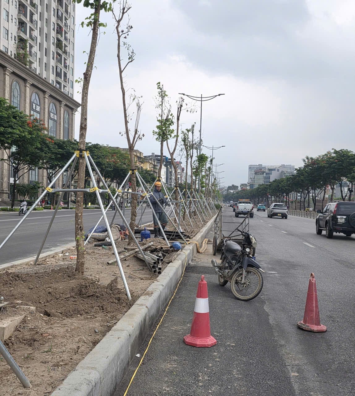 Các đơn vị thi công khẩn trương trồng cây xanh và hoàn trả mặt bằng các tuyên đường Võ Chí Công, phường Tây Hồ, phục vụ nhân dân đi lại. Ảnh: Xuân Vũ.