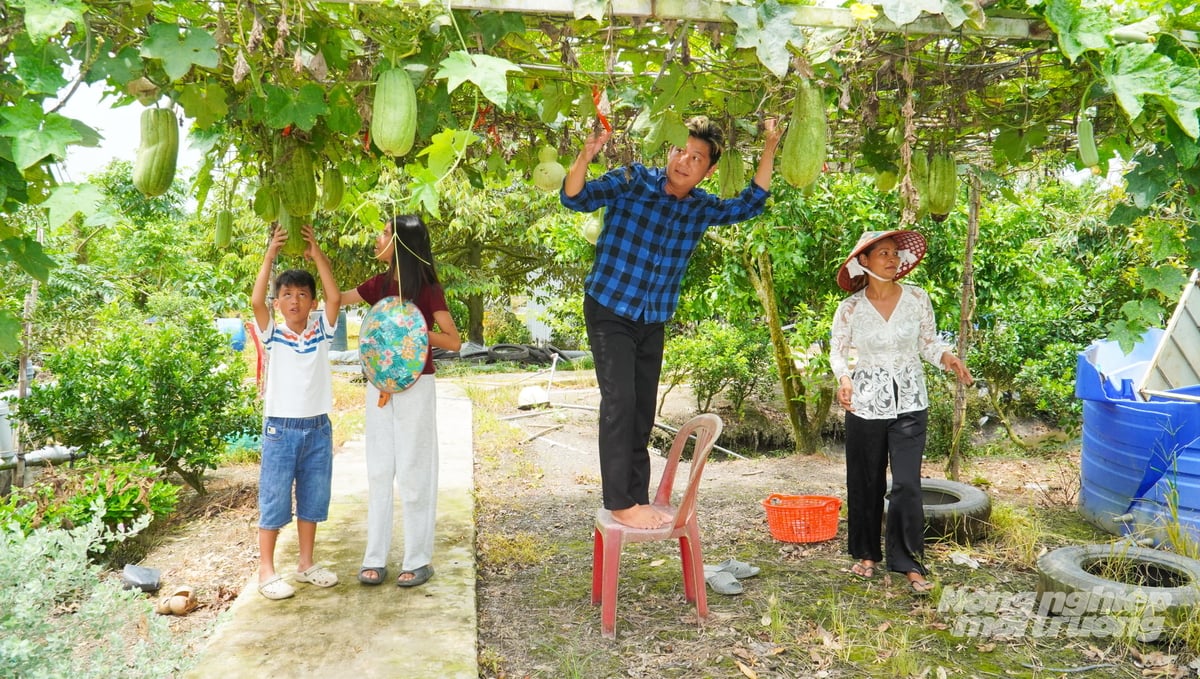 Mỗi ngày, gia đình chị Nguyễn Ngọc Hạnh đều dành thời gian chăm sóc cây trái, góp phần tạo nên không gian du lịch sinh thái xanh, sạch và gần gũi. Ảnh: Văn Vũ.