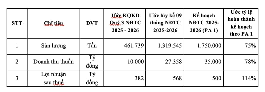 Bảng tổng hợp ước kết quả kinh doanh hợp nhất của HSG 9 tháng niên độ tài chính 2025 - 2026.