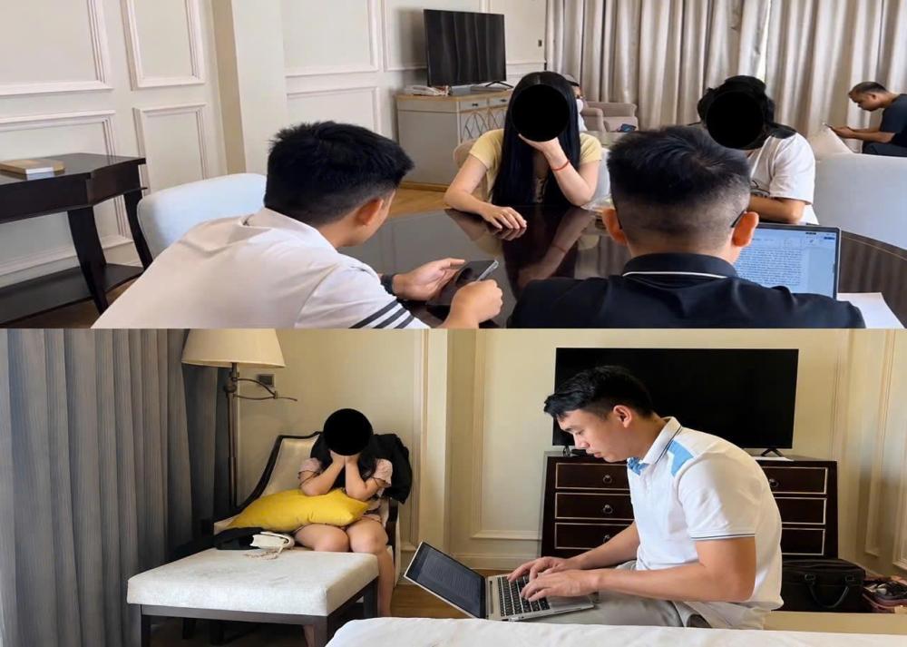 Các đối tượng mua bán dâm làm việc với cán bộ điều tra. Ảnh: Công an tỉnh Hà Tĩnh.