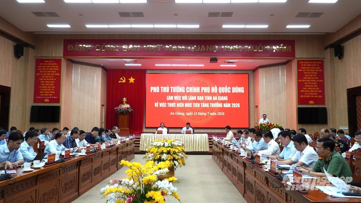 Đoàn công tác của Chính phủ do Phó Thủ tướng Hồ Quốc Dũng làm trưởng đoàn làm việc với lãnh đạo tỉnh An Giang về tình hình thực hiện mục tiêu tăng trưởng kinh tế năm 2026. Ảnh: Trung Chánh.