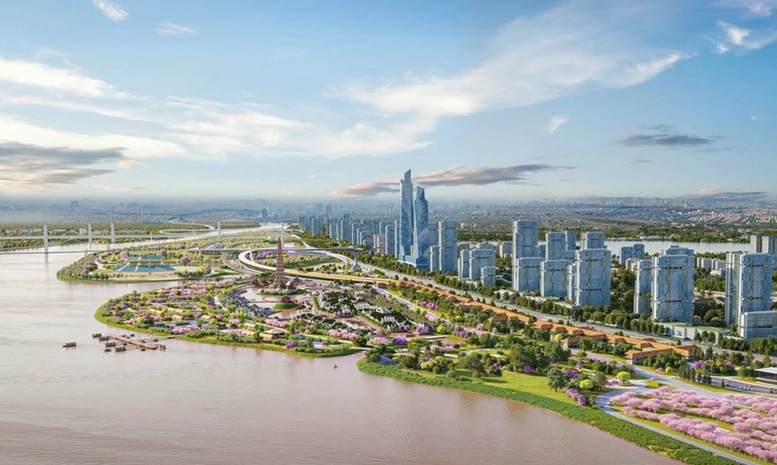 Trong năm 2026, Đại Quang Minh dự kiến khởi công 42 dự án và hoàn thành 12 dự án, trong đó có Dự án Trục Đại lộ cảnh quan sông Hồng (hơn 28 tỷ USD) và Khu đô thị đa mục tiêu tại xã Thư Lâm, huyện Đông Anh. Ảnh: TTXVN.