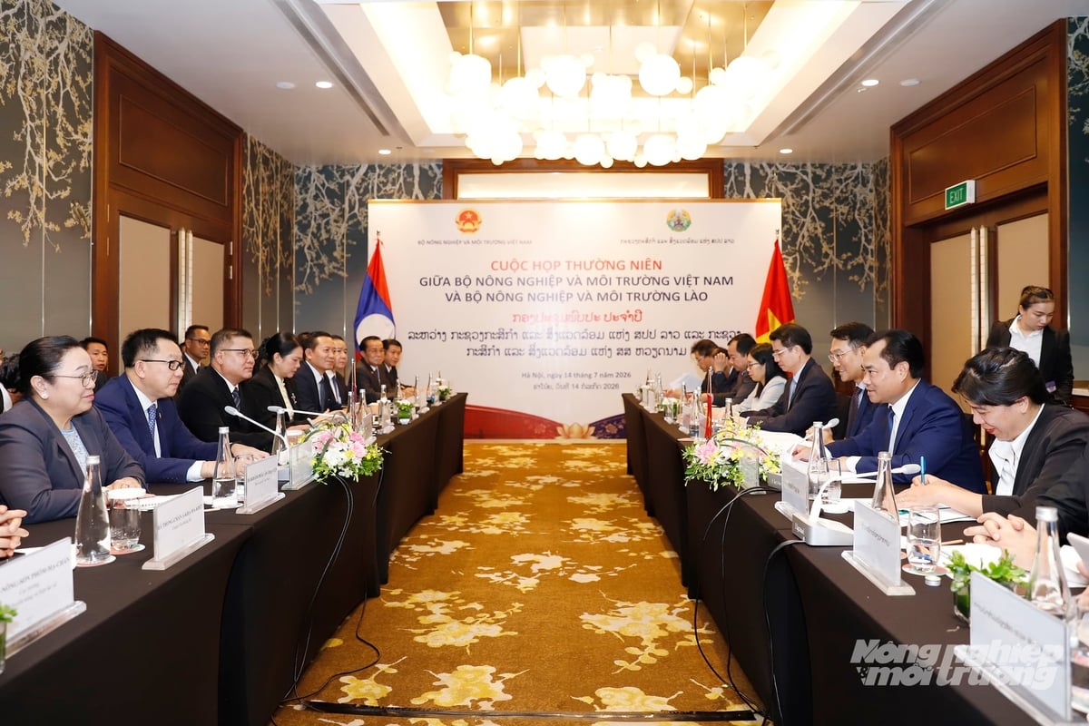 Bộ Nông nghiệp và Môi trường Việt Nam và Bộ Nông nghiệp và Môi trường Lào đã tổ chức cuộc làm việc song phương dưới sự đồng chủ trì của Bộ trưởng Trịnh Việt Hùng và Bộ trưởng Linkham Douangsavanh. Ảnh: Khương Trung.