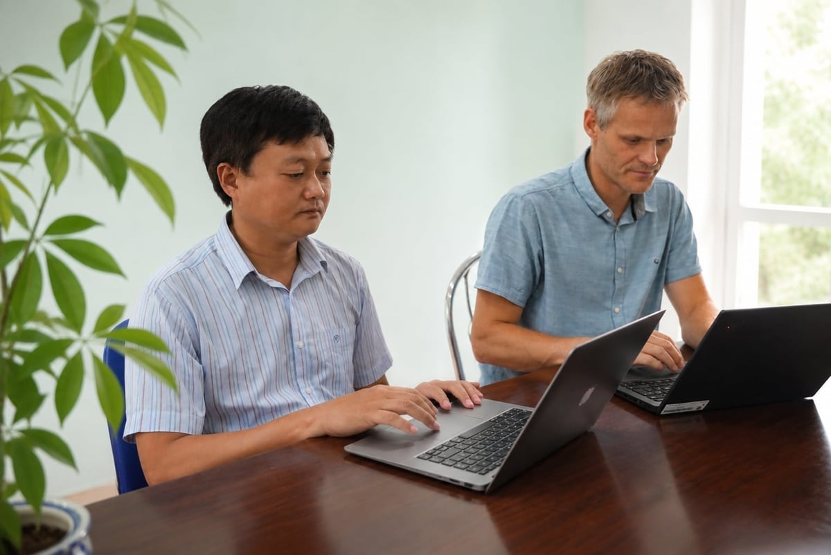 TS Nguyễn Viết Trụ (trái) cùng với giáo sư của Trường Đại học Copenhagen Đan Mạch họp bàn về một dự án nông nghiệp. Ảnh: Phạm Hoài.