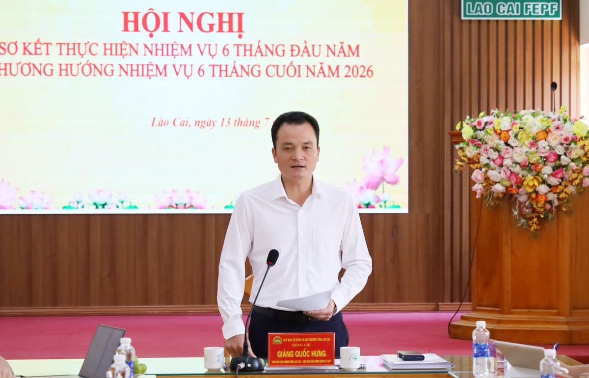 Ông Giàng Quốc Hưng, Phó Chủ tịch UBND tỉnh Lào Cai, Chủ tịch Hội đồng Quỹ bảo vệ rừng và môi trường tỉnh Lào Cai phát biểu chỉ đạo tại Hội nghị. Ảnh: Laocai.gov.vn
