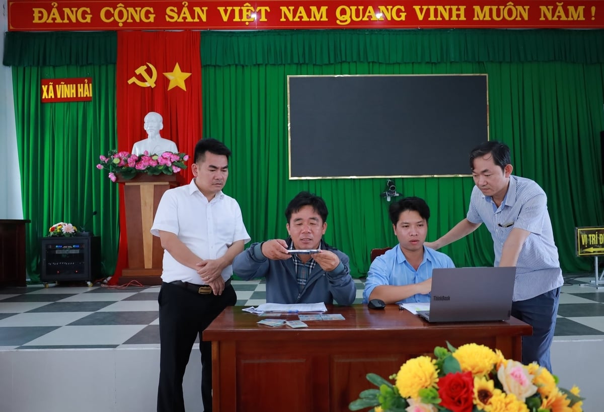 Đoàn kiểm tra hướng dẫn cán bộ Phòng Nông nghiệp và Môi trường xã Vĩnh Hải cập nhật dữ liệu. Ảnh: Phương Chi.
