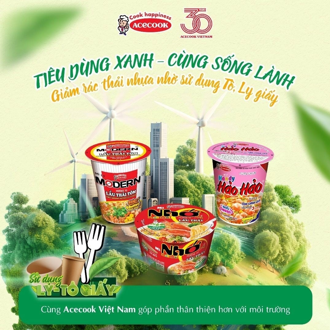 Acecook hưởng ứng tinh thần 'Tiêu dùng xanh - Cùng sống lành' với Mì ly Modern, Mì ly Handy Hảo Hảo, Mì Tô Nhớ Mãi Mãi,… được cải tiến bao bì giấy. Ảnh: Acecook Việt Nam.