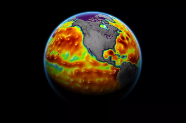 A map showing sea surface height anomalies in June 2021, with ares in red and orange representing sea levels 10 to 15 cm higher than normal. Photo: NASA 