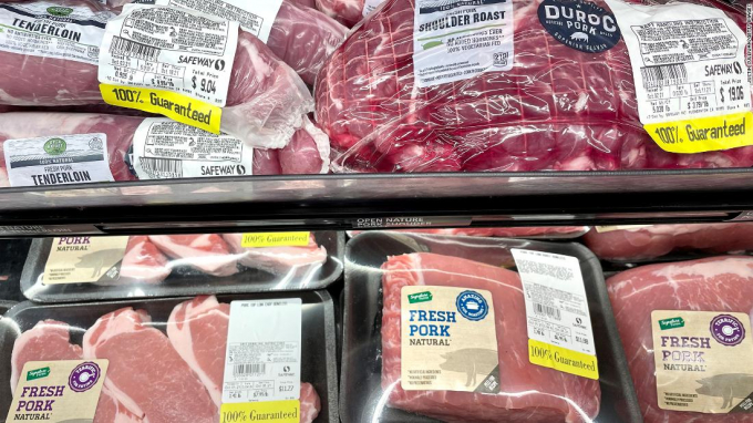 Pork products are displayed on a shelf at a Safeway in San Francisco. The price for meat has surged over the past year due to supply chain issues, inflation and Covid. Photo: CNN