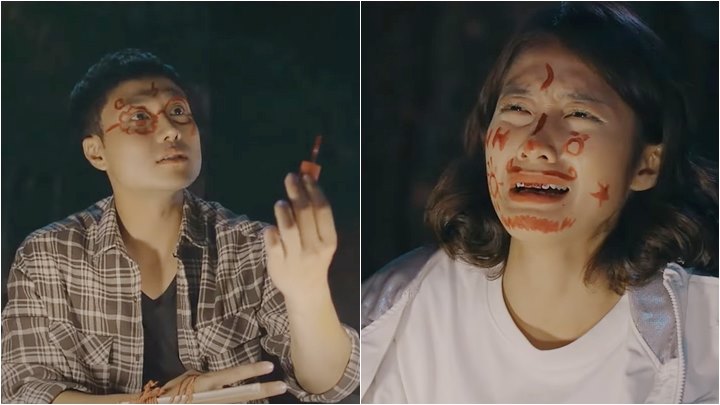 Nhi khóc thét khi bị Đăng vẽ kín mặt. Ảnh chụp màn hình