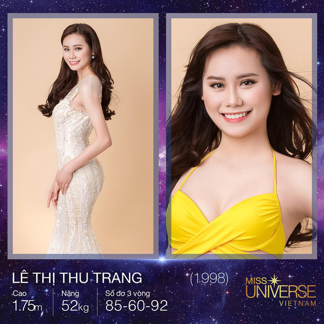 Sở hữu chiều cao ấn tượng 1m75, cùng số đo 85-60-92, cô nàng Lê Thị Thu Trang của Bắc Giang đến với Hoa hậu Hoàn vũ Việt Nam với ước mơ “giúp đỡ những hoàn cảnh khó khăn, những mảnh đời bất hạnh mà tôi đã được chứng kiến”.