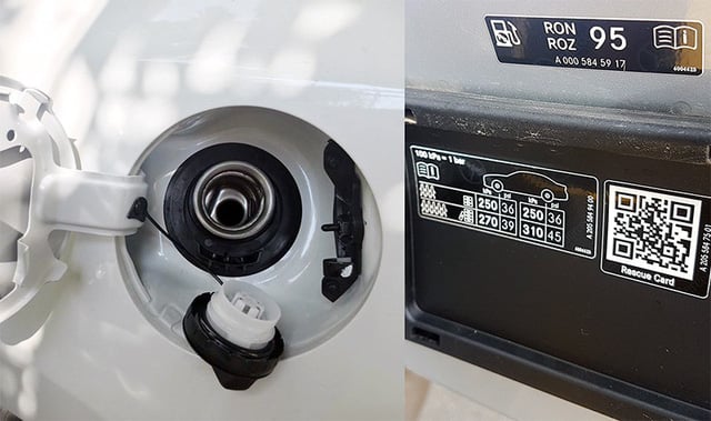 Miệng bình xăng trên Mazda3 2018 (bên trái - không có khuyến cáo chỉ số nhiên liệu) và trên Mercedes-Benz E250.